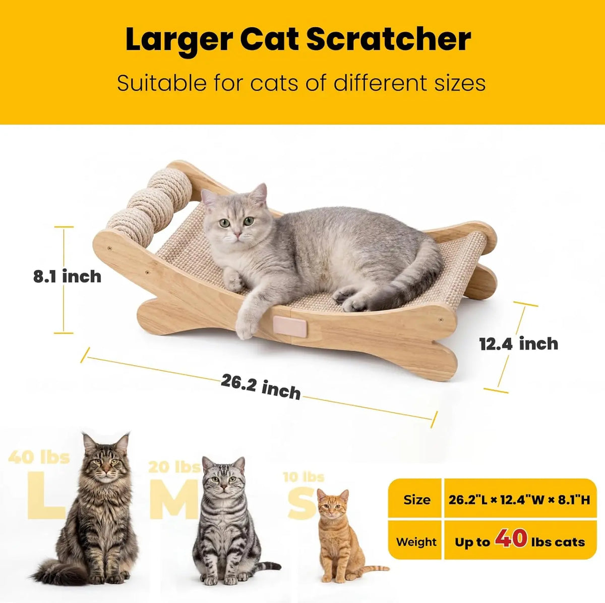 Sisal Cat Scratchers for Indoor Cats - 26.2' Large Cat Scratching Board, Wooden Cat Bed with Scratch Pad, Modern Cat Furniture f