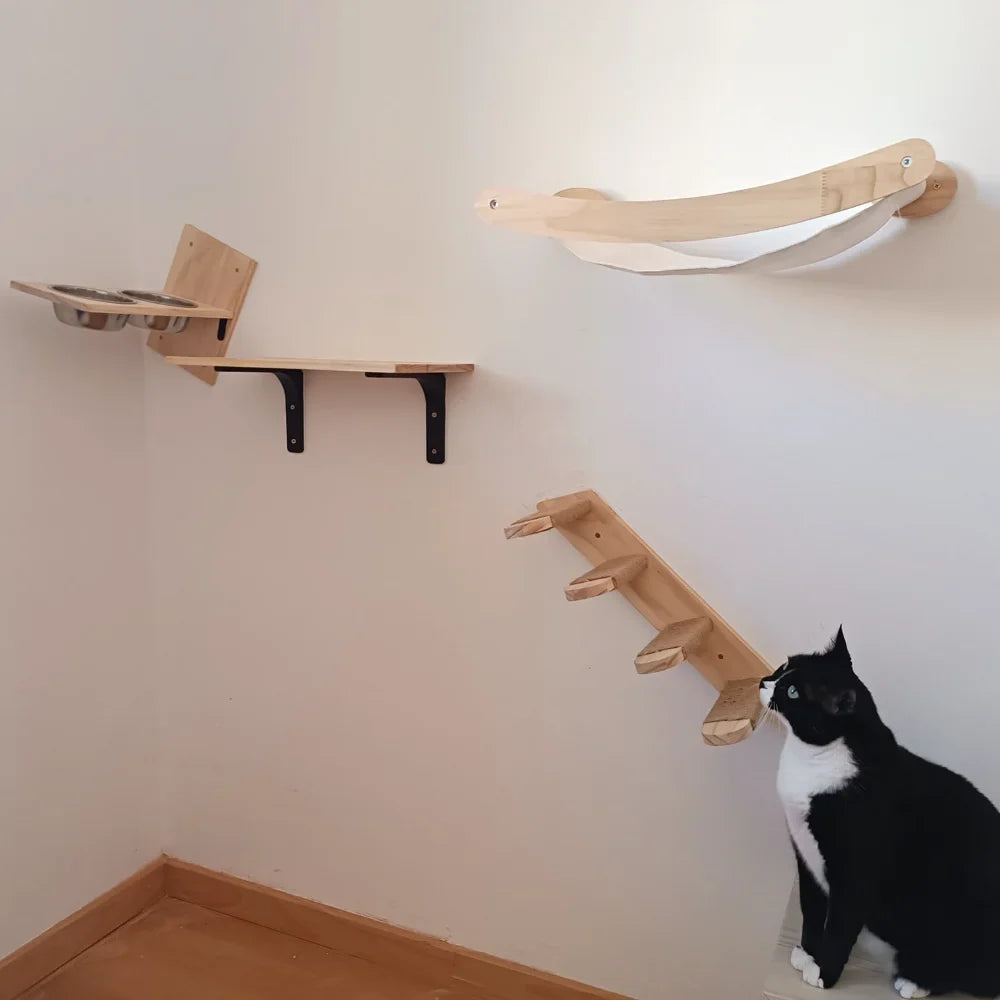 1 Piece Cat Wall Mounted Shelf Furniture Wooden Cat Bed and Scratcher Post with Climbing Ladder Steps for Kitten Play and Rest
