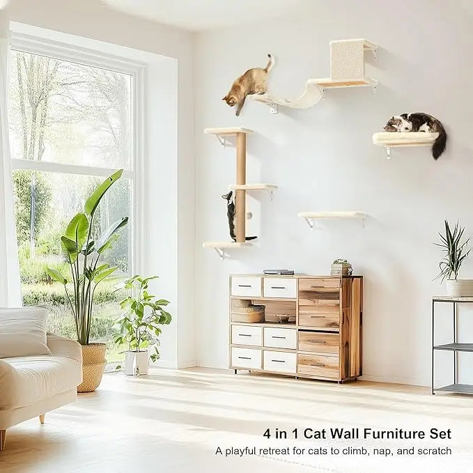FUKUMARU Cat Wall Shelves, 7-in-1 Cat Furniture Set, Wooden Climbing Wall With Scratching Posts, Fits 16 Inch Drywall