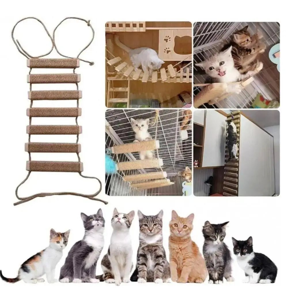 Wall-Mounted Furniture Cat Activity Center Wooden Sisal Scratcher Climber & Bridge with Rope Steps for Kittens and Adult Cats