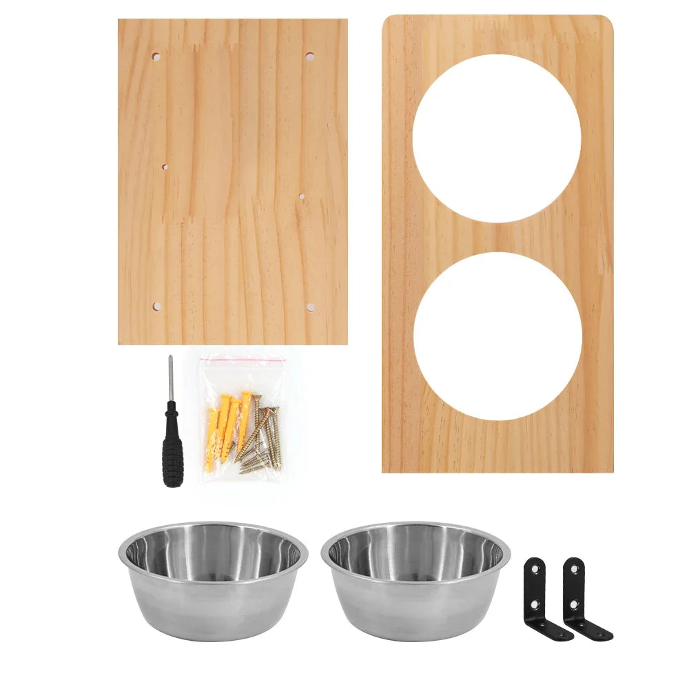 Cat Wall Shelves Cats Feeding Shelf with 2 Stainless Steel Bowls Wood Perch Suitable for Kitten Play Nap Eat Pet Wall Furniture