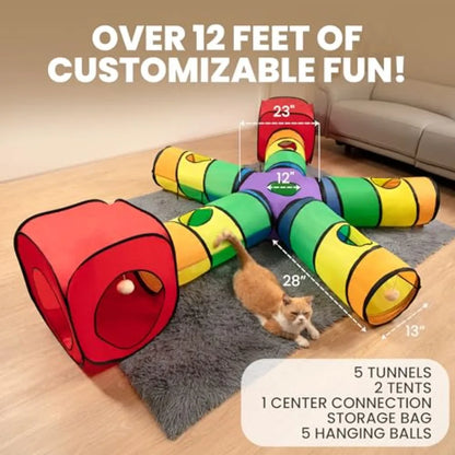 Indoor Cat Tunnel System with Hanging Toy Storage Bag - Large 5-Way Customizable Tube in Gray Tear-Resistant Collapsible Play C