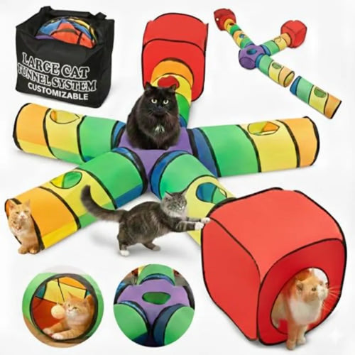 Indoor Cat Tunnel System with Hanging Toy Storage Bag - Large 5-Way Customizable Tube in Gray Tear-Resistant Collapsible Play C