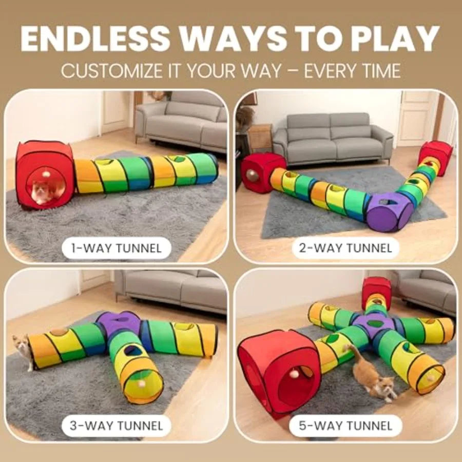 Indoor Cat Tunnel System with Hanging Toy Storage Bag - Large 5-Way Customizable Tube in Gray Tear-Resistant Collapsible Play C