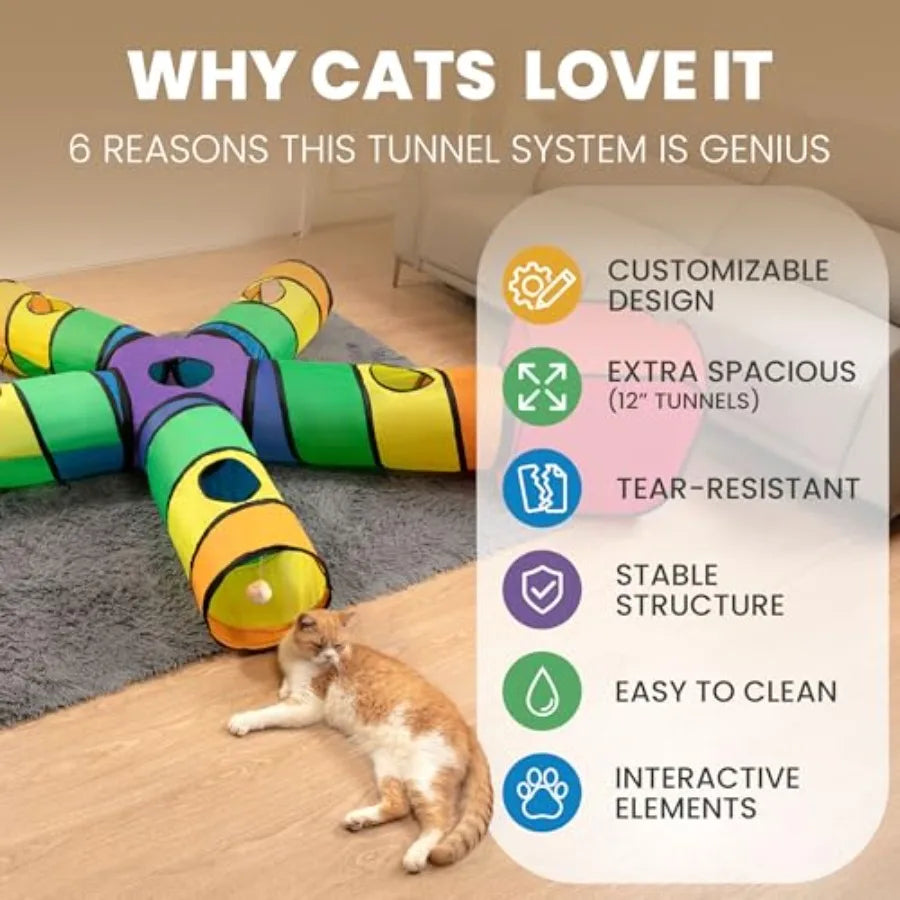 Indoor Cat Tunnel System with Hanging Toy Storage Bag - Large 5-Way Customizable Tube in Gray Tear-Resistant Collapsible Play C