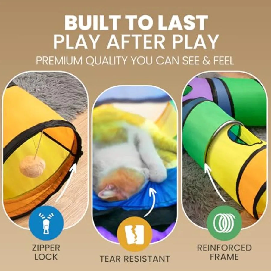 Indoor Cat Tunnel System with Hanging Toy Storage Bag - Large 5-Way Customizable Tube in Gray Tear-Resistant Collapsible Play C