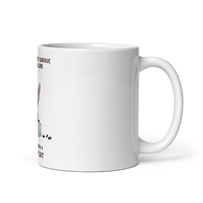 "WOMAN CAN'T SURVIVE ON COFFEE ALONE" COFFEE MUG